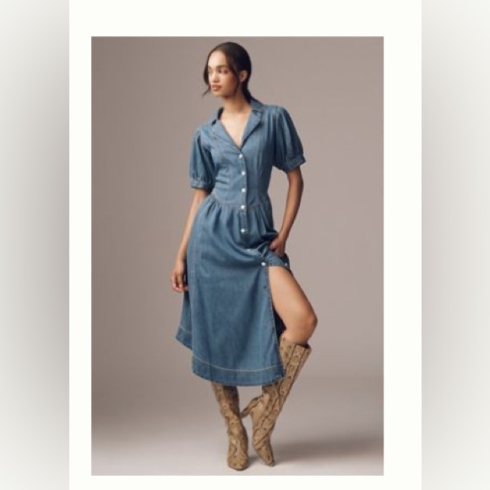 Size 4P Pilcro Denim Blue Midi Shirt Dress with Puff Sleeves